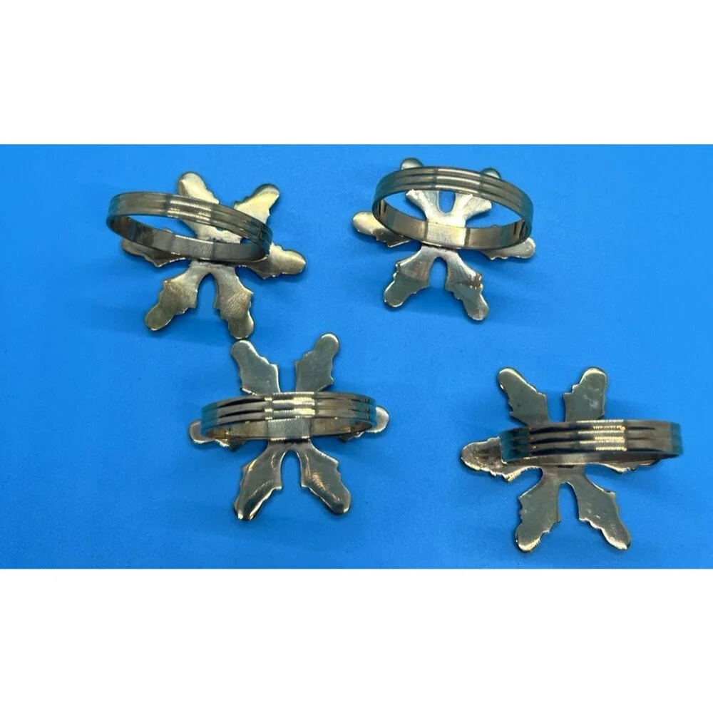 4 Christmas Napkin Rings Snowflake Gold Glitter Metal Holders table decor set